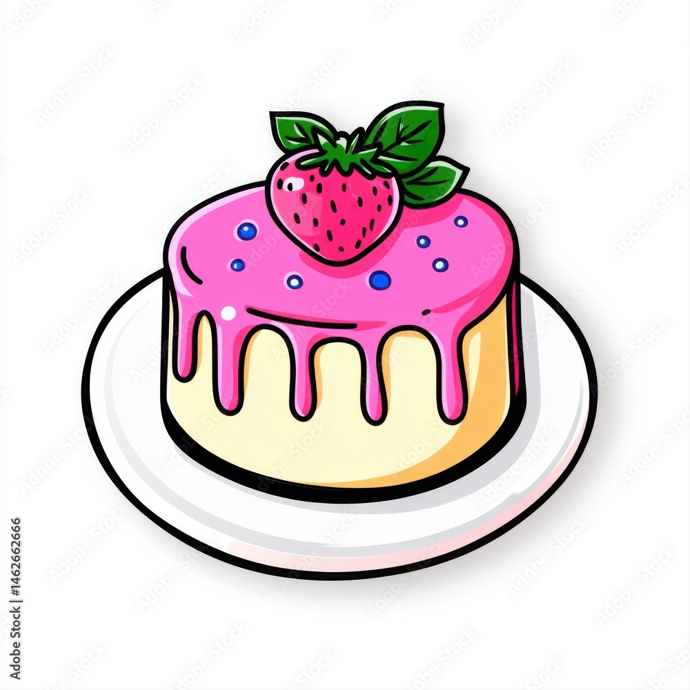Cute Dessert Cake with Pink Icing and Strawberry on White Plate