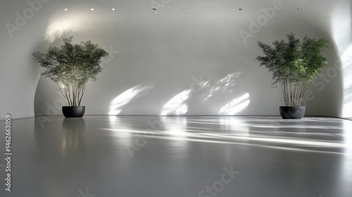 Modern minimalist interior with plants.  Sunlight streams across a polished concrete floor, illuminating two potted plants in a bright, empty space