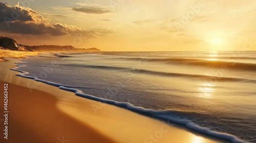 Tranquil Seascape at Golden Hour: Gentle Waves on a Serene Shoreline Beach