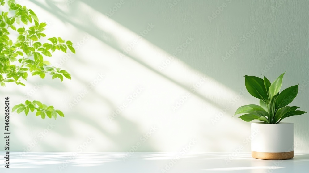 Minimalist, sunlit, plant-filled scene on a light surface Minimalist, sunlit, plant-filled scene on a light surface