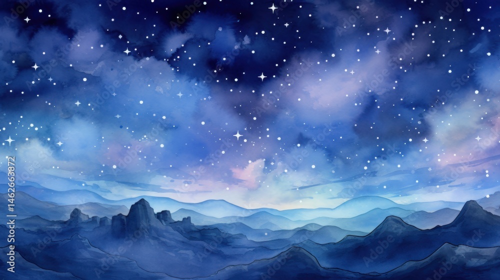 A stunning view showcases a night sky illuminated by countless stars, providing a peaceful backdrop to a distant mountain range shrouded in mist during twilight A stunning view showcases a night sky illuminated by countless stars, providing a peaceful backdrop to a distant mountain range shrouded in mist during twilight