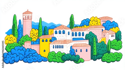 Obraz na płótnie Colorful Abstract Illustration of a Retro Mediterranean Town Scene w salonie