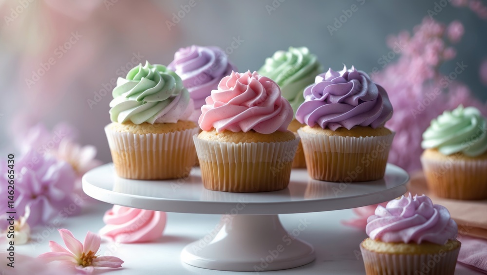 Festive cupcakes adorned with vibrant cream flower decorations Festive cupcakes adorned with vibrant cream flower decorations