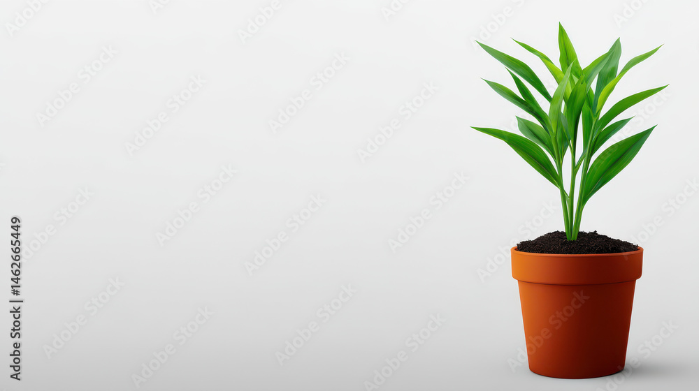 Fototapeta premium A small green leafy plant grows in a simple orange terracotta pot, set against a clean white background, creating a minimalist and natural aesthetic scene.