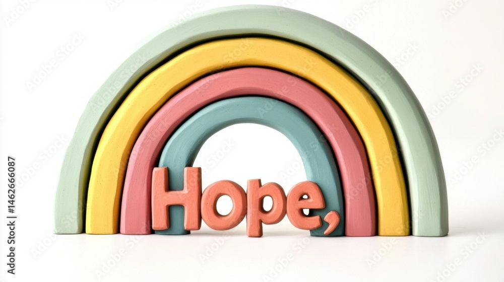 Obraz premium A vibrant rainbow made from modeling clay features the word hope in bold letters. The art piece showcases pastel shades, creating a cheerful and uplifting display perfect for inspiring positivity