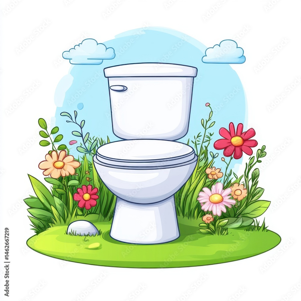 Funny Cartoon Toilet Surrounded by Colorful Flowers and Blue Sky