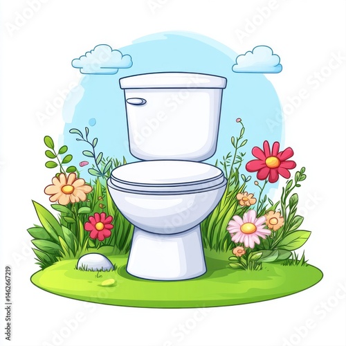 Obraz na płótnie Funny Cartoon Toilet Surrounded by Colorful Flowers and Blue Sky w salonie