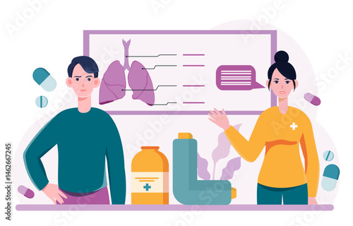 Asthma consultation with doctor scene. Vector illustration