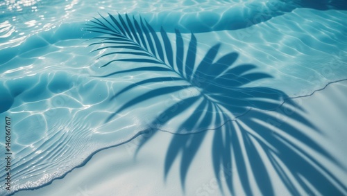 Fototapeta Naklejka Na Ścianę i Meble -  Tropical water scene featuring palm leaf shadows on blue wave background for vacation and beauty