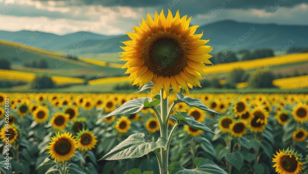Obraz premium Magnificent sunflower landscape close-up with natural sunflower background and blooming backdrop, illustrating agricultural ideas