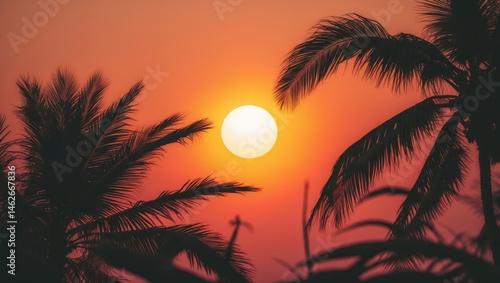 Palm tree shadow at sunset with vibrant background