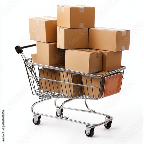 Shopping cart filled with cardboard boxes stacked high on white background