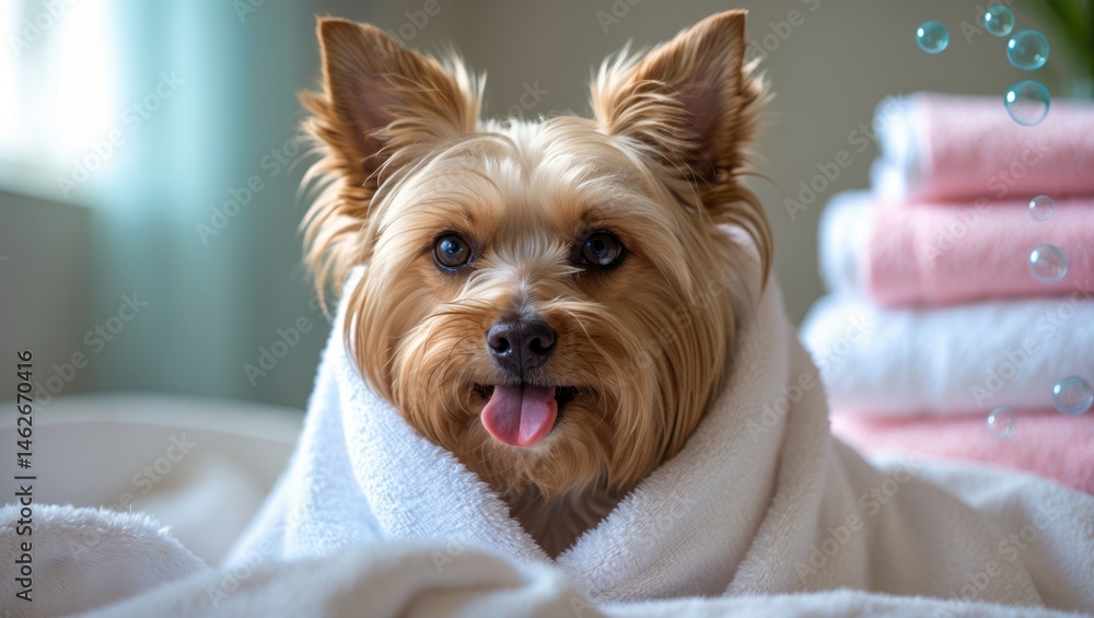 Fluffy Yorkshire terrier dog in a grooming salon with a towel, playful and clean Fluffy Yorkshire terrier dog in a grooming salon with a towel, playful and clean