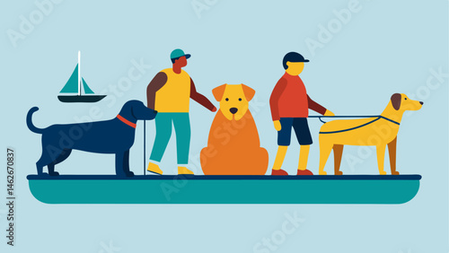 Service Animals A graphic illustrating several service animals accompanying their owners as they board the boat emphasizing the welcome of assistance animals.