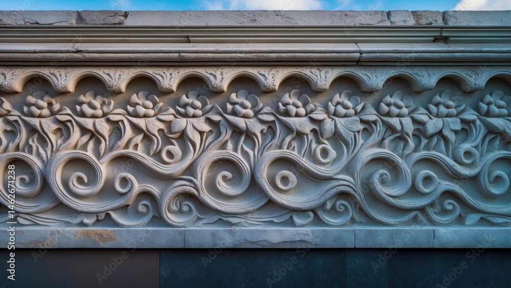 Outdoor Stone Wall with Ornate Carving and Swirl Design Outdoor Stone Wall with Ornate Carving and Swirl Design