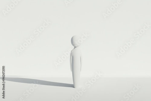Simple white figure in a minimalist setting.  A single,  3D rendered,  pale white figure stands centrally in a bright white room, casting a subtle shadow