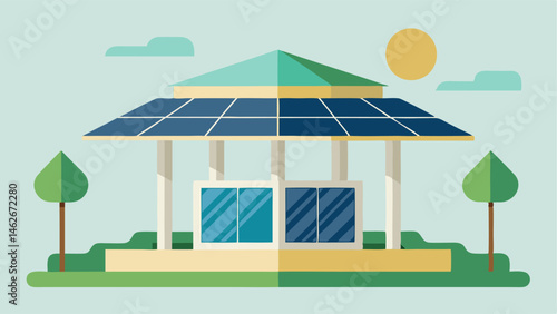 The pavilion is equipped with solar panels on the roof emphasizing its ecofriendly design.