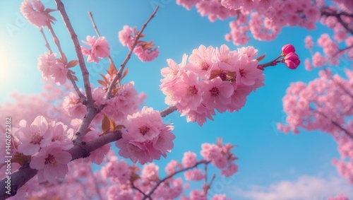 Springtime Cherry Blossoms with Blue Sky Background