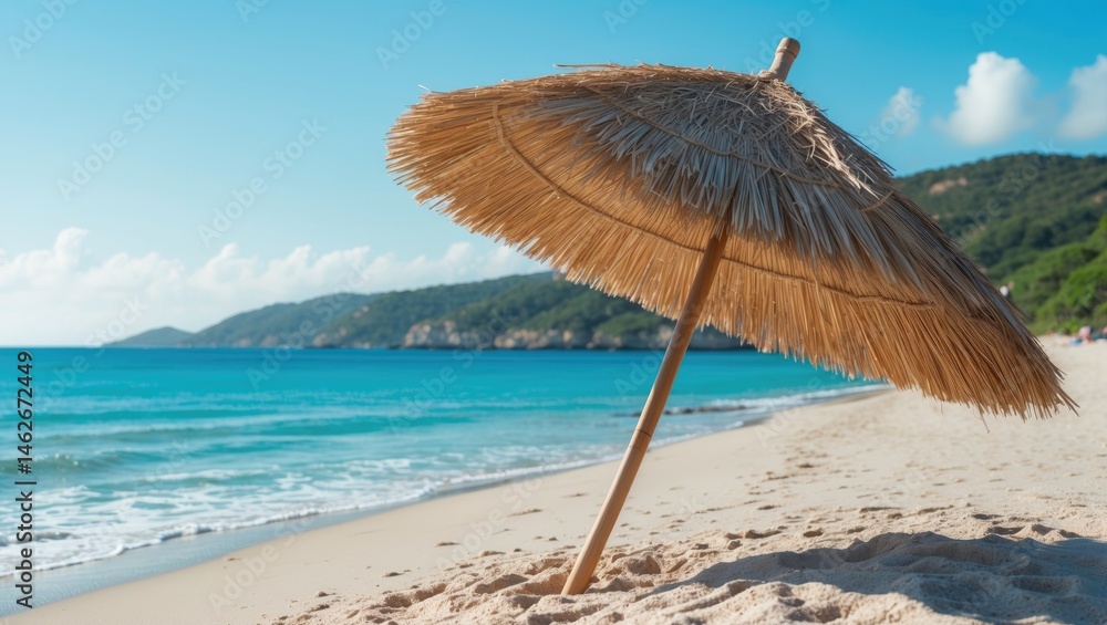 Fototapeta premium Seaside scene featuring a beach umbrella under clear skies