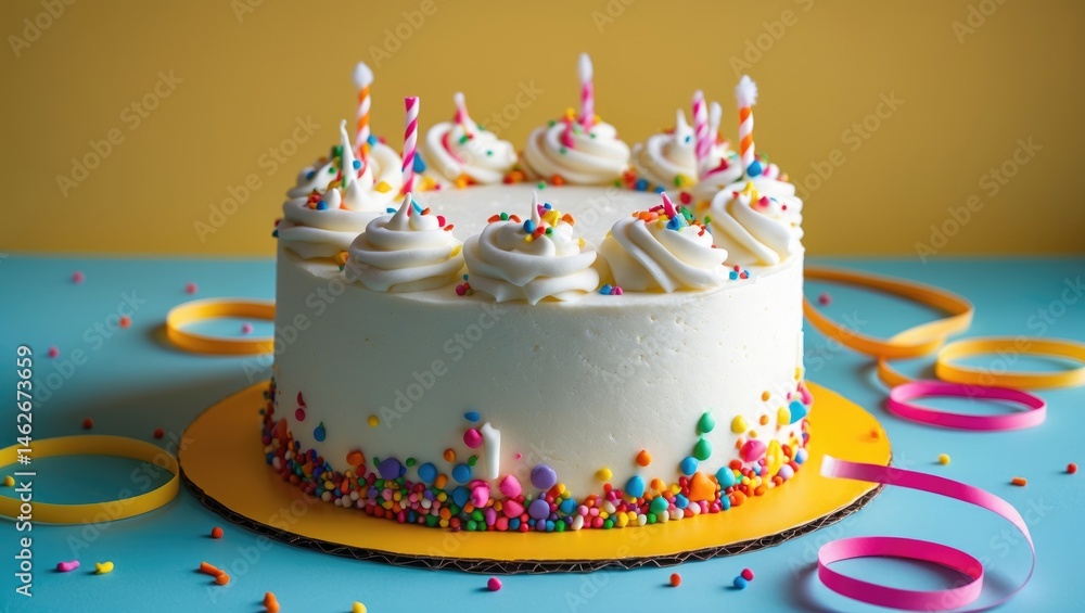 Festive White Birthday Cake with Confetti and Icing on a Yellow Background Festive White Birthday Cake with Confetti and Icing on a Yellow Background
