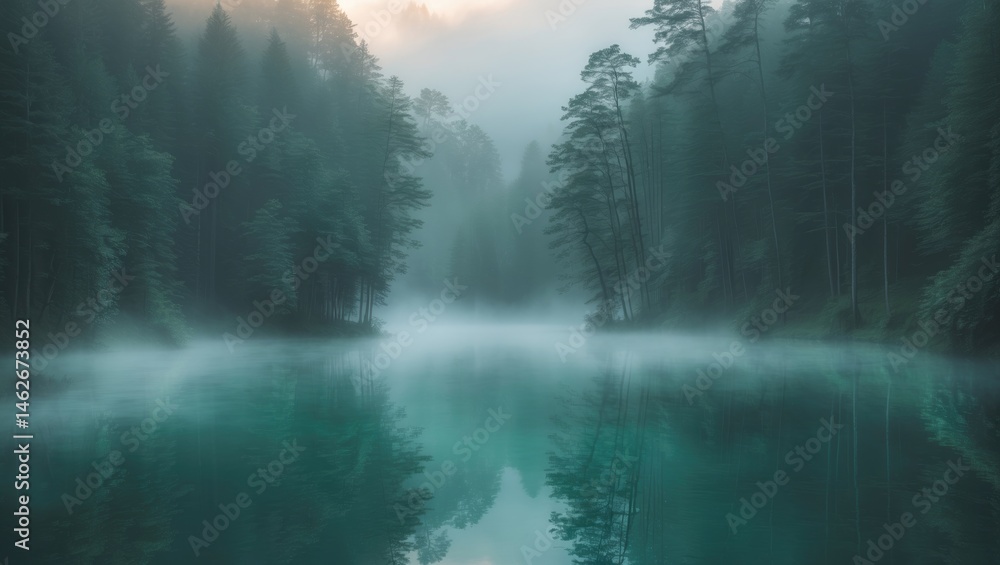 Fototapeta premium Tranquil summer morning in a green forest with a lake, fog, and reflective water