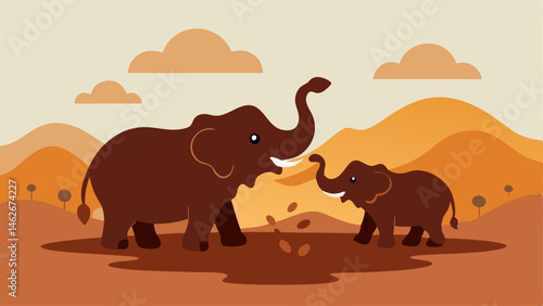 MudSplashed Celebration Two elephants a parent and its child are facing each other in the mud pool splashing each other playfully with their trunks. The mudcovered skin glistens in