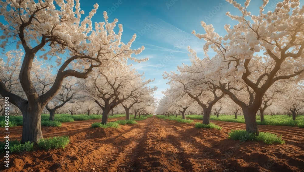 A tranquil orchard beneath a clear sky, showcasing trees adorned with blossoming flowers. A tranquil orchard beneath a clear sky, showcasing trees adorned with blossoming flowers.