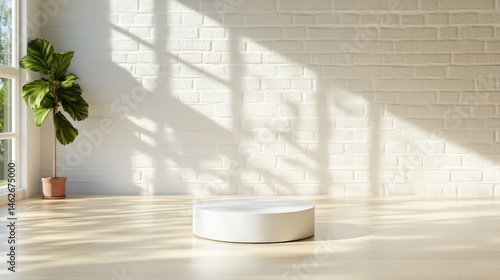 Bright, minimalist display podium in a sun-drenched room