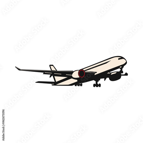 A stylized illustration of a large commercial airplane in flight.