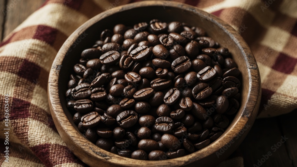 Fototapeta premium Roasted coffee beans in a wooden bowl atop vintage checkered fabric, emphasizing natural, warm, and handcrafted coffee tradition