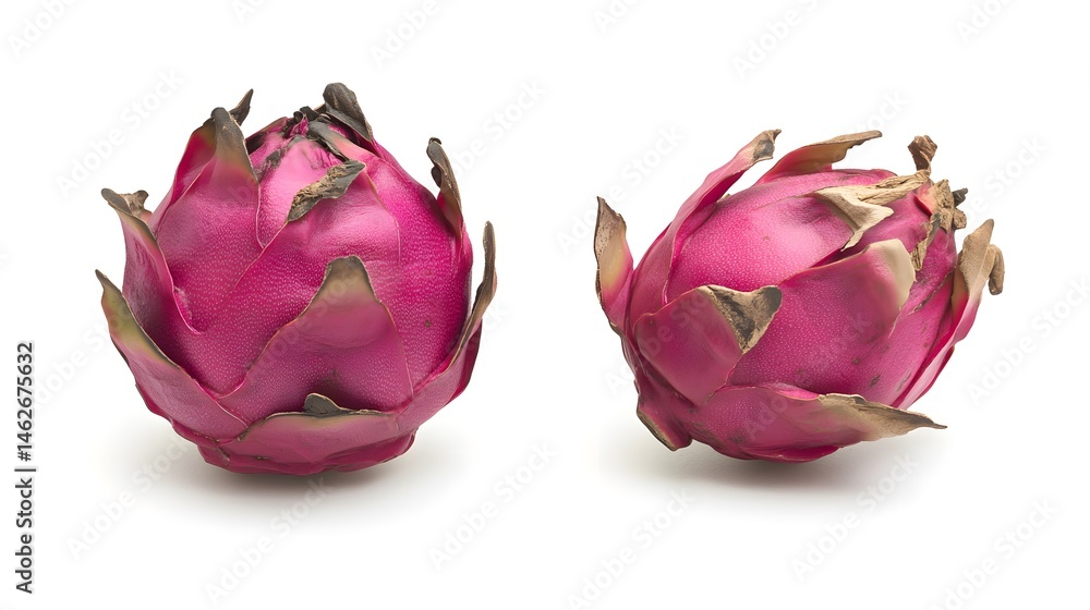 Two vibrant dragon fruits displayed on a pristine white surface showcasing their unique textures and colors Two vibrant dragon fruits displayed on a pristine white surface showcasing their unique textures and colors