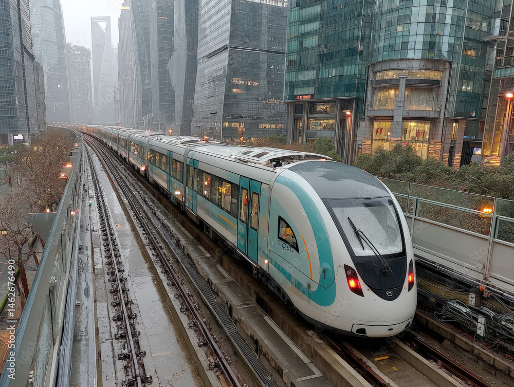 Naklejka premium Modern maglev train speeding through an urban landscape in Shanghai