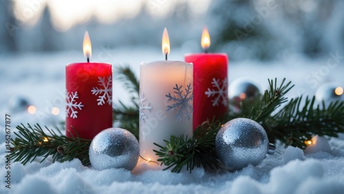 Holiday decoration with candles, fir greenery, and balls on snowy surface