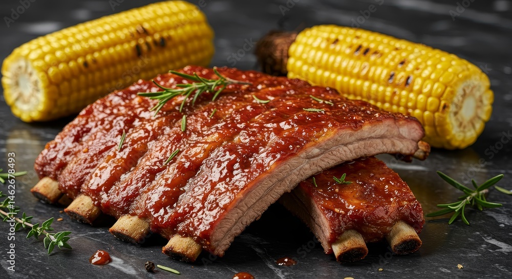 Delicious BBQ Ribs with Grilled Corn - Succulent BBQ ribs glazed with savory sauce, served alongside grilled corn on the cob. A mouthwatering perfect for food blogs, restaurants, and cookbooks Delicious BBQ Ribs with Grilled Corn - Succulent BBQ ribs glazed with savory sauce, served alongside grilled corn on the cob. A mouthwatering perfect for food blogs, restaurants, and cookbooks