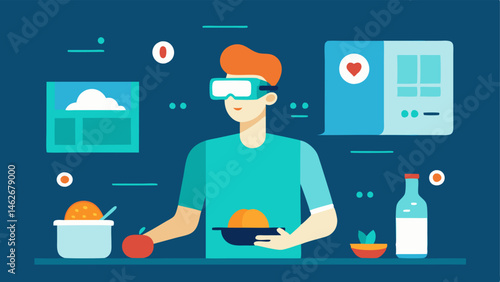 Nutritional Information A user in a kitchen wearing AR glasses that scan various food items displaying calorie counts and nutritional facts as they prepare a meal.