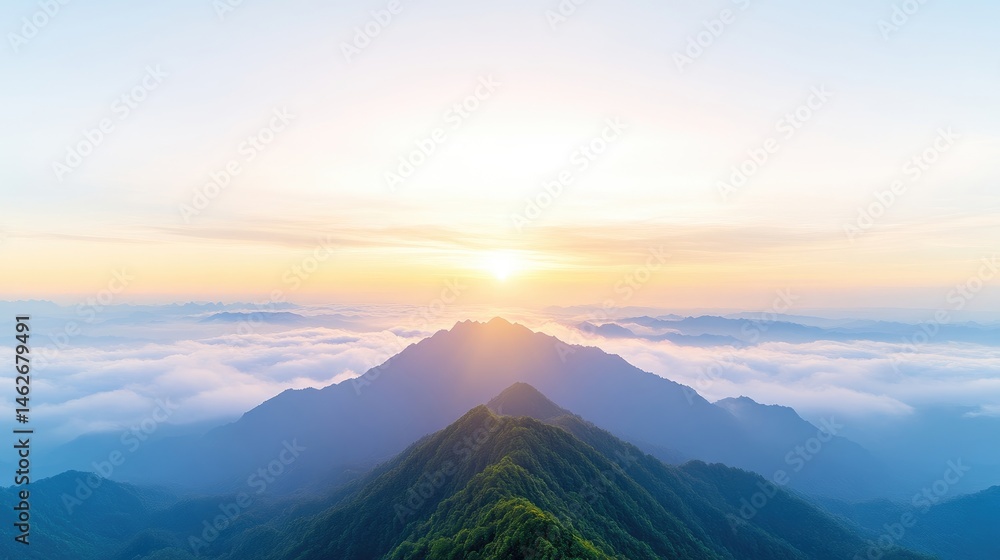 Fototapeta premium Sunrise over misty mountain peaks