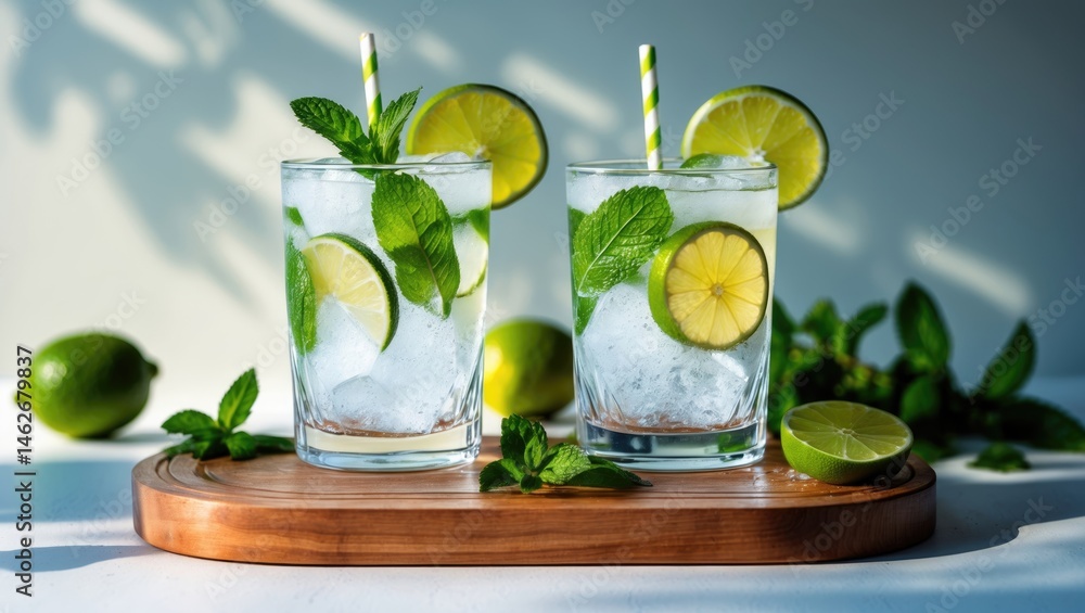 Fototapeta premium Summer scene featuring two mojito glasses with citrus, mint, and ice on a wooden surface
