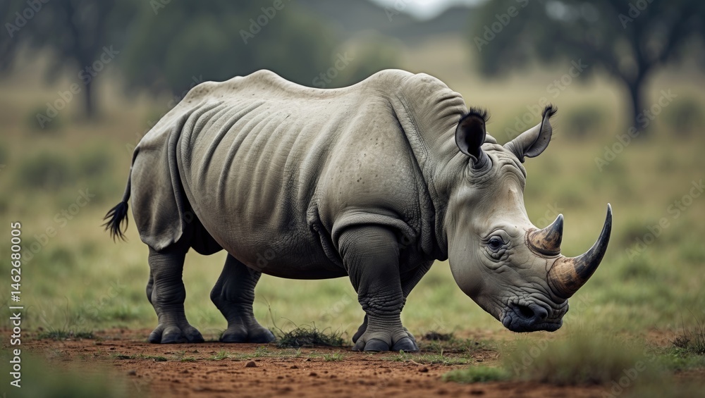 Fototapeta premium Infant southern white rhinoceros among grass and wildlife