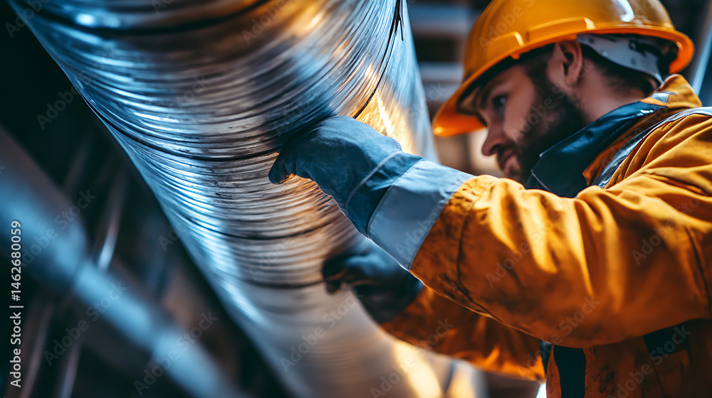 Industrial Worker Handling Large Metal Coil Industrial Worker Handling Large Metal Coil