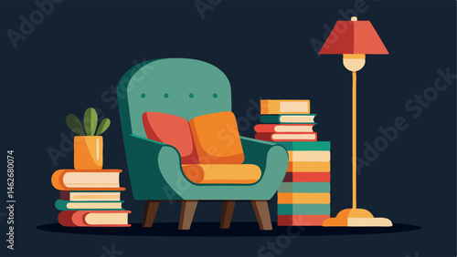 A reading nook with a colorful midcentury armchair a vintage floor lamp and a stack of vintage books.