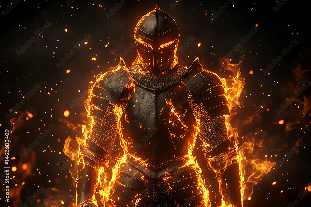 Fototapeta premium Fiery armored knight standing amidst swirling embers in a dark, mystical environment