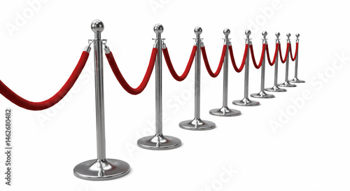 A row of six red velvet rope supports running from front to center. On a transparent white background, convertible to vectors.