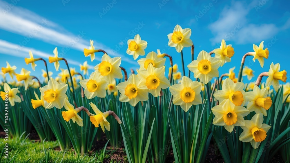 Fototapeta premium Springtime yellow daffodil field with a blue sky as the background banner