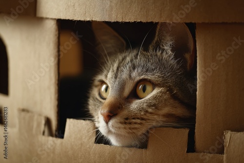 Cat in Cardboard Box Fortress