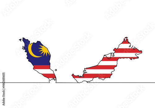 Malaysia map with national flag and crescent moon in minimalist outline style, country silhouette with both peninsular and Borneo parts for cultural, tourism, and educational content