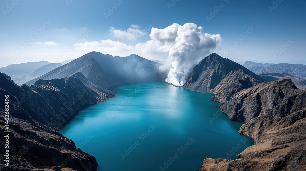 Fototapeta premium Majestic Volcanic Crater Lake - Turquoise Gem Amidst Barren Cliffs at Dawn