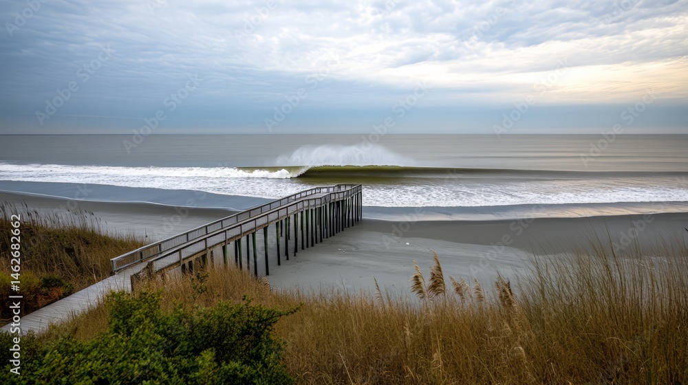 Obraz premium Pier is seen in front of the ocean, with a wave crashing in the background. The sky is cloudy, giving the scene a somewhat somber mood