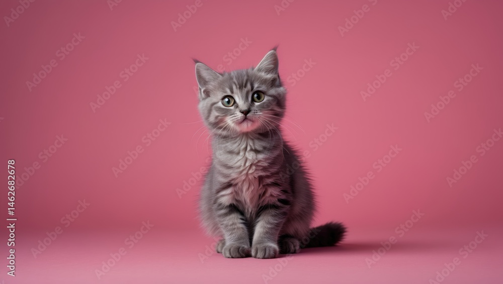 Bright studio shot of a fluffy, alert kitten with green eyes against pink background Bright studio shot of a fluffy, alert kitten with green eyes against pink background