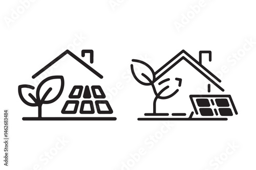 Eco House with Solar Panels Icon Sustainable Energy Line Art Vector