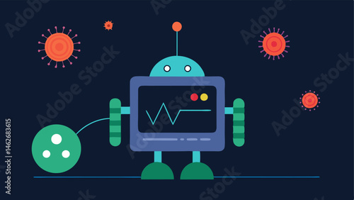 Monitoring Vital Signs A nanobot with a display screen monitoring closest cells health status with visual waves representing realtime data transmission.